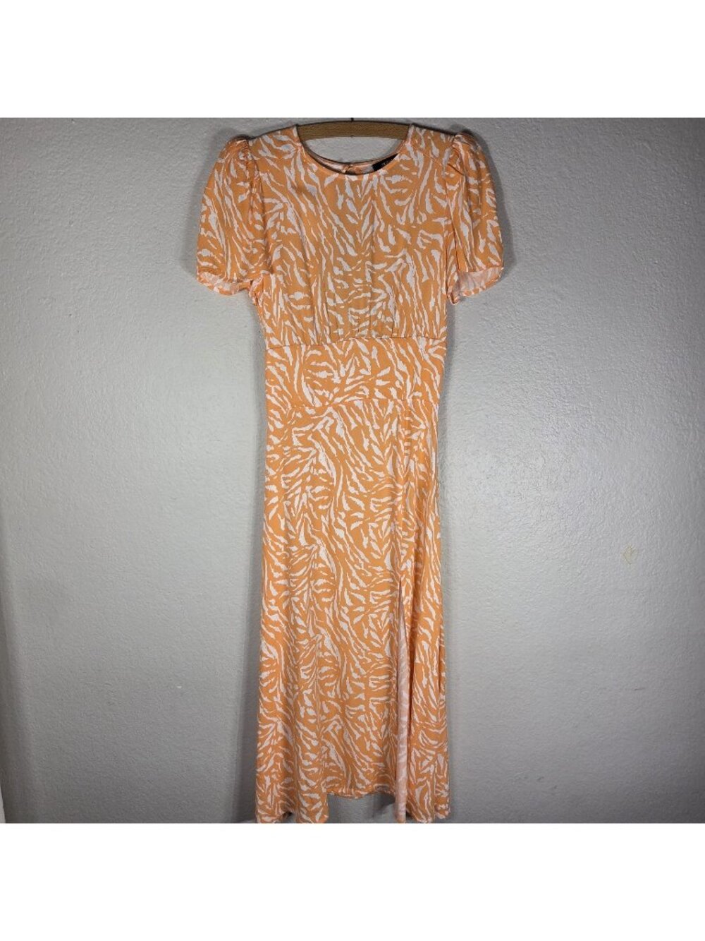 AFRM Zebra Print Puff Sleeve Maxi Dress Leg Slit Orange White Sz S Keyhole Back